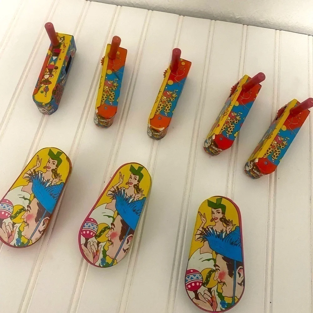 Antique U.S Metal Toy MFG Co Made In USA Tin Lithographed Noise Maker Set of (7)